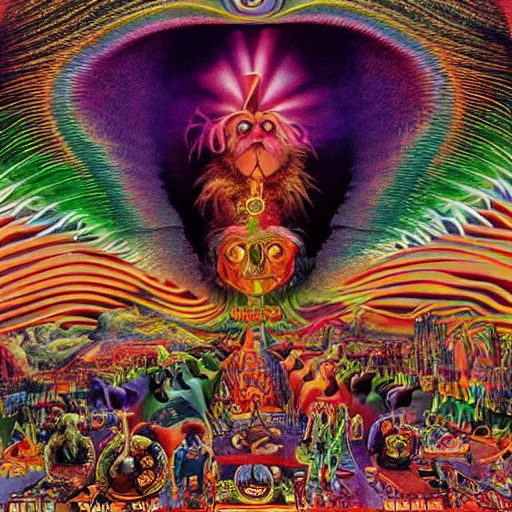 Image similar to animal the muppet on led zeppelin album cover, 8 k resolution hyperdetailed scary dystopian surrealism style of alex grey