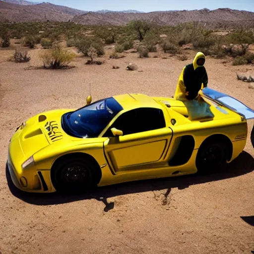 Image similar to a man wearing a yellow hazmat suit, next to a saleen s7 in the desert, directed by Alan resnick