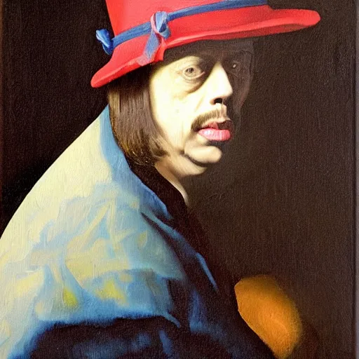 Image similar to oil painting portrait of steve buscemi wearing a fireman hat, oil on canvas, high quality, johannes vermeer