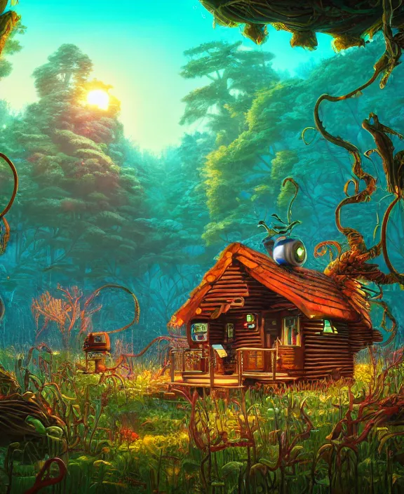 Image similar to a whimsical cabin made from robots, overgrown with huge exotic fungus, deep in the woods, cheerful, sunrise, by dan mumford, yusuke murata, makoto shinkai, ross tran, underwater, hellish, cinematic, unreal engine, cel shaded, featured on artstation, pixiv