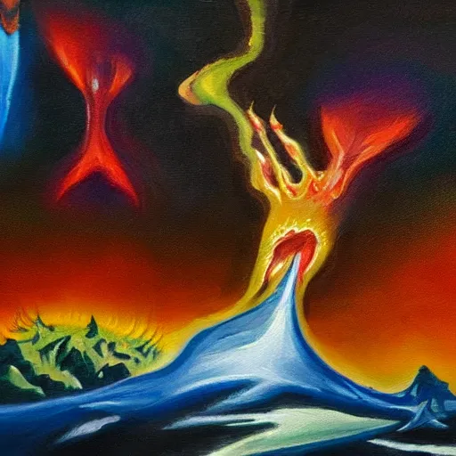 Prompt: The ego melting back into it's primordial state, oil painting while on LSD