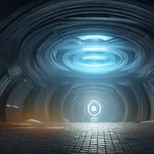 Image similar to underground labyrinth in liminal space, clean, retrofuturism, unreal engine, concept art