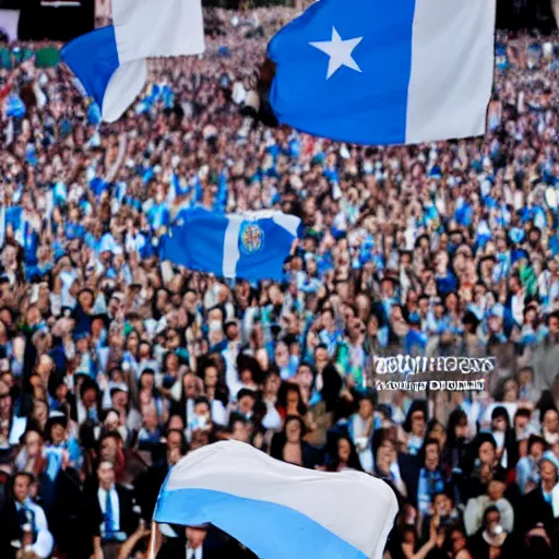 Image similar to Lady Gaga as president, Argentina presidential rally, Argentine flags behind, bokeh, giving a speech, detailed face, Argentina