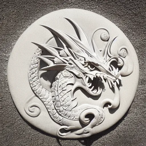 Prompt: “fire breathing dragon, high relief sculpture stone”