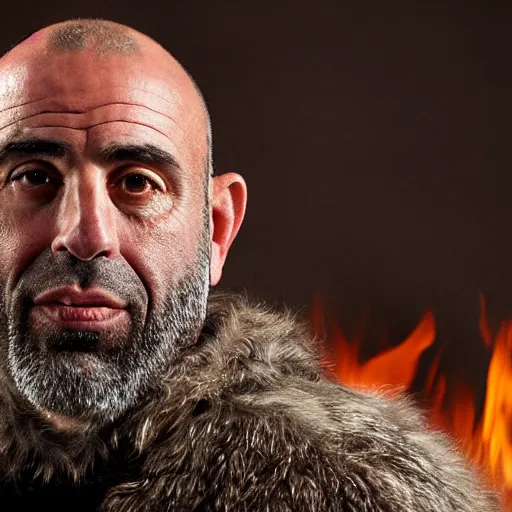 Image similar to Photo portrait Joe Rogan as a neanderthal cave man wrapped in fur cloak lit by fire cave background dramatic lighting 85mm lens by Steve McCurry