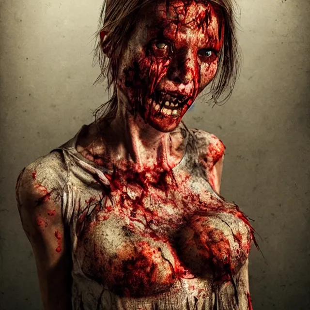 Image similar to hyper realistic photo portrait redneck zombie woman cinematic, artstation