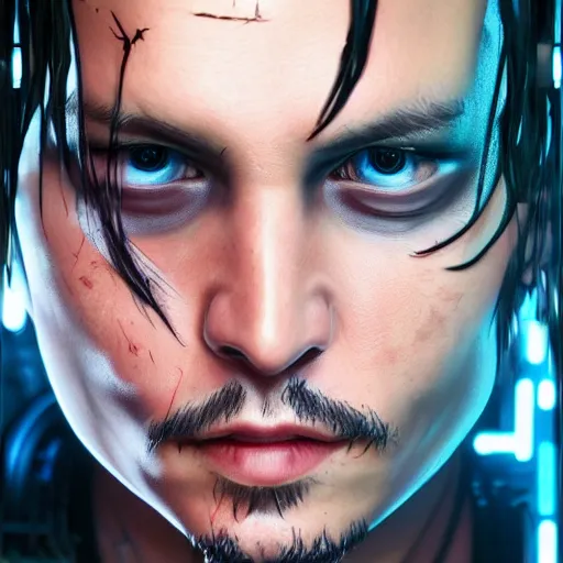 Prompt: young johnny depp portrait, Cyberpunk 2077, photorealistic, ultra detailed, cybernetic head, neon, octane, bokeh, cyber, cyber style, feature, scars, cyberface, 8k