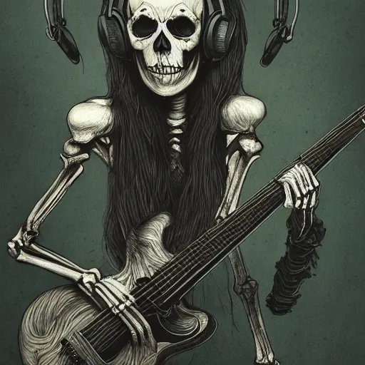 Image similar to skeleton wearing headphones, watching girl playing guitar while her black cat standing next to her, detailed intricate ink illustration, dark atmosphere, detailed illustration, hd, 4k, digital art, overdetailed art, by greg rutkowski, by loish, complementing colors, Trending on artstation