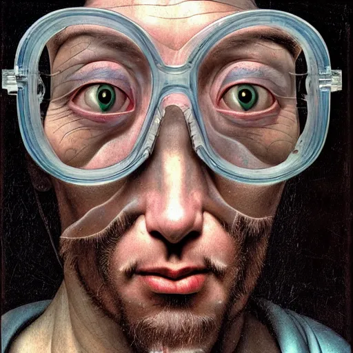 Prompt: Colour Caravaggio Bosch style Photography of Man with transparent skin with highly detailed 1000 years old face wearing highly detailed sci-fi glasses designed by Josan Gonzalez. Many details . In style of Josan Gonzalez and Mike Winkelmann and andgreg rutkowski and alphonse muchaand and Caspar David Friedrich and Stephen Hickman and James Gurney and Hiromasa Ogura. Rendered in Blender and Octane Render volumetric natural light