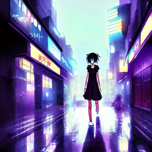 Image similar to digital art , anime girl walking into the streets of a cyberpunk city at night, rain, mist, by studio manglobe, by dao trong le