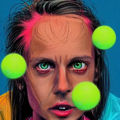 Prompt: portrait, raining tennis balls, chalk, colorful, digital art, fantasy, magic, trending on artstation, ultra detailed, professional illustration by Basil Gogos