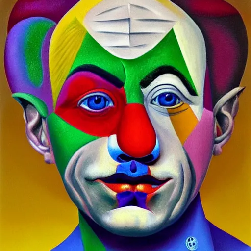 Prompt: Intricate five star Clown facial portrait by Pablo Picasso, oil on canvas, high detail, matte finish, high contrast, 3d depth, masterpiece, vivid colors, artstationhd