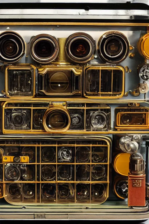 Image similar to a photo taken by someone who doesn't know how to use a camera, the most complex kodak camera ever made with vacuum tubes, capacitors and coils inside, through a dirty store window by Wes Anderson, grungy, weathered Ultra detailed, hyper realistic, 4k