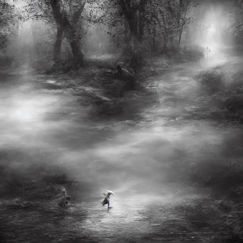 Image similar to an angel stripped of it's wings chasing a child through a creek in the woods, bad dream, hazy memory, volumetric, hyper realistic, octane render, dark black and white in the style of alvin schwartz, epic angles