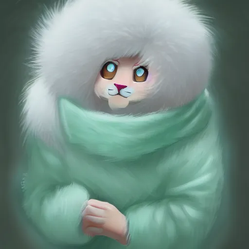 Image similar to aesthetic portrait commission of a albino male furry anthro lion wearing a cute mint colored cozy soft pastel winter outfit, winter atmosphere. character design by chunie, kristakeshi, sigmax