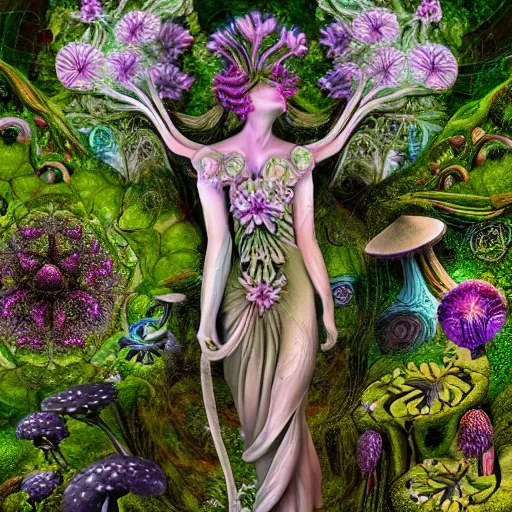 Image similar to a fully dressed idealistic marble statue with fractal flowery hair in a fractal garden, glowing delicate flower and mushrooms that grow in a dark fatansy forest on the planet pandora,, symmetrical,