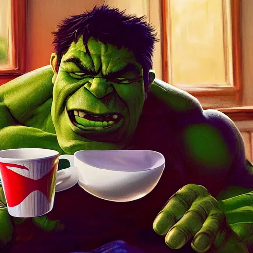 Image similar to A high definition and realistic photo of a smiling incredible hulk drinking a cup of coffee and eating pizza and croissant on a couch in his living room, hyperdetailed, artstation, digital art, photorealism, accurate, 8k,