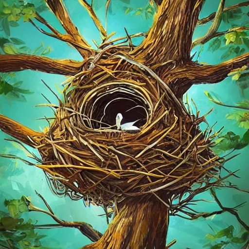 Prompt: bird nest in a tree, concept art, illustrated, highly detailed, high quality, bright colors, optimistic,