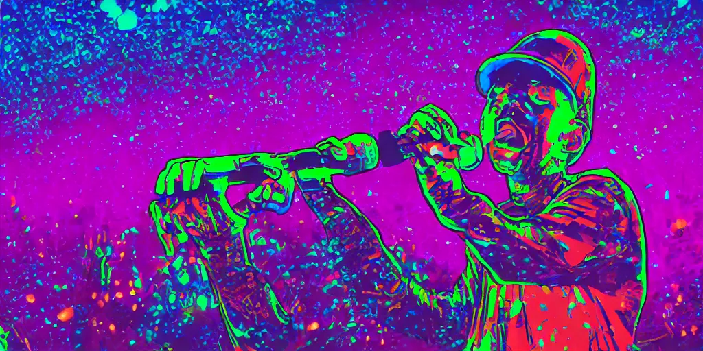 Image similar to rapping into microphone, on stage at festival during lightning storm, digital art, vapor wave, hip hop, surreal, psychedelic, trending on Artstation, professional artist, detailed, 4k