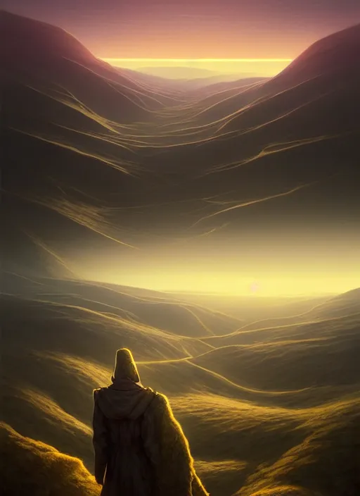 Image similar to just before sunrise in the low - polygon hills, the distant hills are polygons, depth of field, intricate, surrealism!!!!, highly detailed, lifelike, photorealistic, digital painting, artstation, surreal concept art, smooth, sharp focus, by greg rutkowski, chris tulloch mccabe, valentina remenar and asher duran,