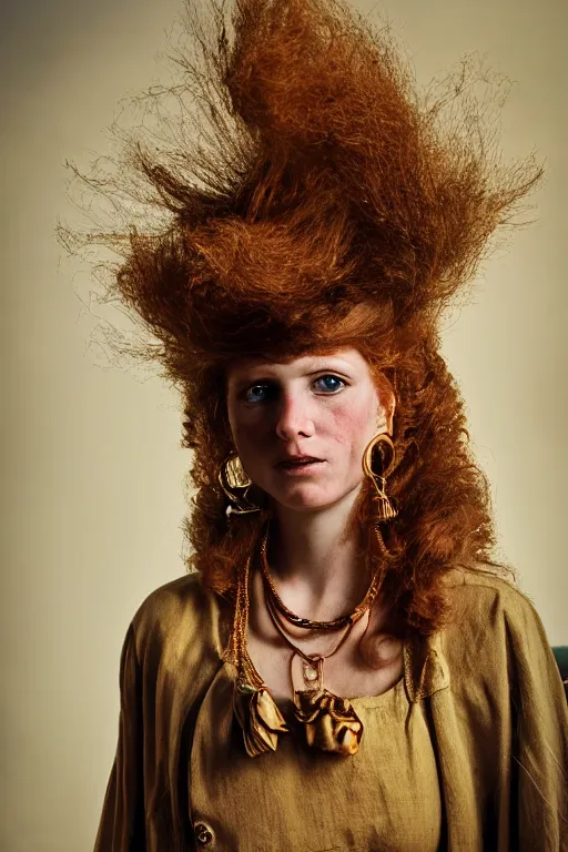 Prompt: full - frame 1 9 th century barbary coast pirate female model with amazing ginger hair and golden hooped earrings photography by steve mccurry