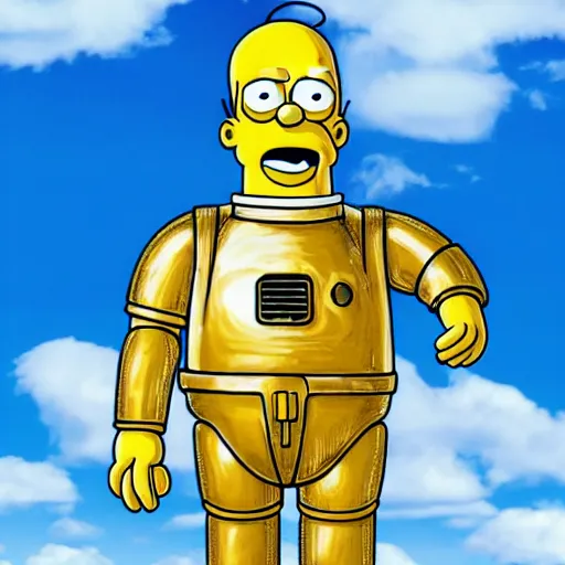 Image similar to full body portrait of Homer Simpson as real C3PO, background blue sky puffy clouds cinematic 4k