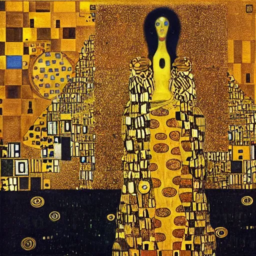 Image similar to a majestic portrait of the king in yellow, in front of a fantasy city, with black suns in the sky, Gustav Klimt, intricate, dark colors, art nouveau