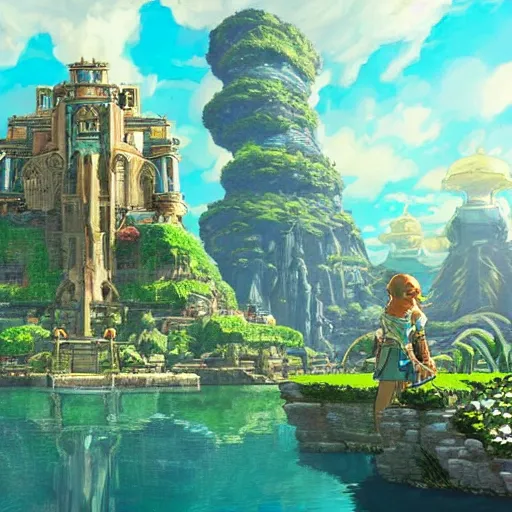 Prompt: The City of Atlantis, Beautiful palace, Exquisit architecture, Reflections, Lush vegitation, Atmosphere, Spectacular details, Dramatic lighting, Epic composition, Wide angle, Low angle, by Miyazaki, Nausicaa Ghibli, Breath of The Wild