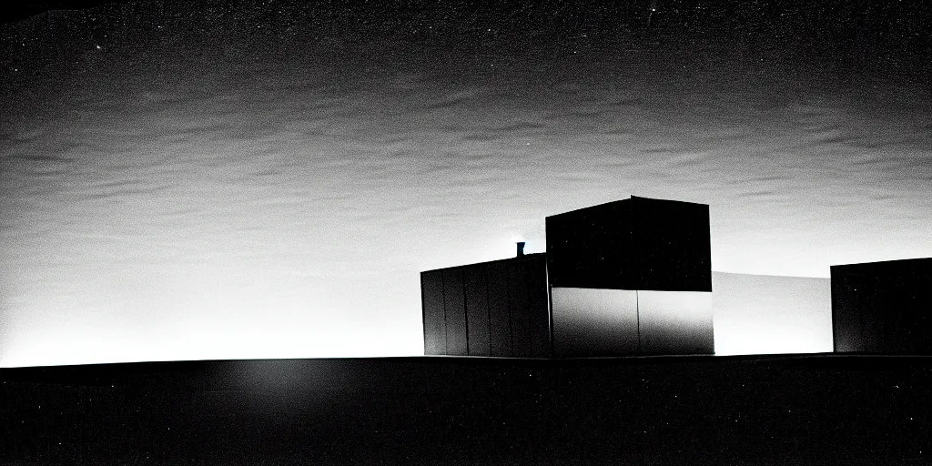 Image similar to low angle shot of a space port at night, set design by Ed Wood, in the style of Jim Jarmusch, shot on film, grainy, hyperrealistic