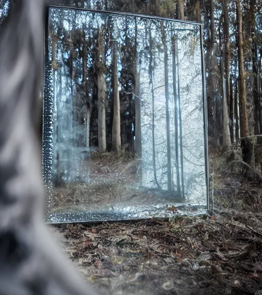 Image similar to a shatter mirror showing a evil fantasy realm, professional photography, high resolution, liminal eerie midnight backlit, a photograph taken by holloywood studios