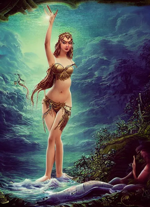 Image similar to a beautiful siren in a river of the amazon, fantasy art, matte painting, visionary art