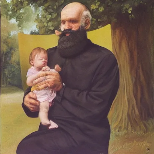 Image similar to laszlo moholy painting of beard grandpa taking a photo to a baby girl