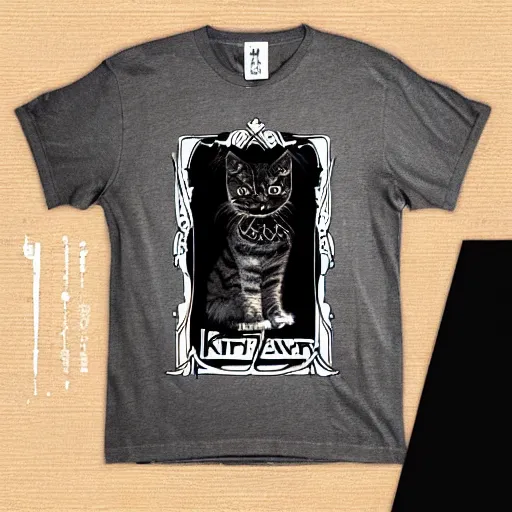 Image similar to art nouveau concert T-shirt design for heavy metal band “Kira” featuring tabby cat “Kira”, masterpiece, trending on artstation, cgstudio