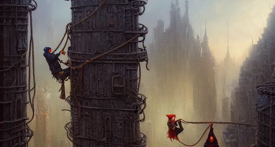 Image similar to landscape painting of a hooded thief in leathers using a rope to climb a tall metal steampunk buildings within a fantasy city with bridges, fine details, andreas rocha, magali villeneuve, artgerm, rutkowski