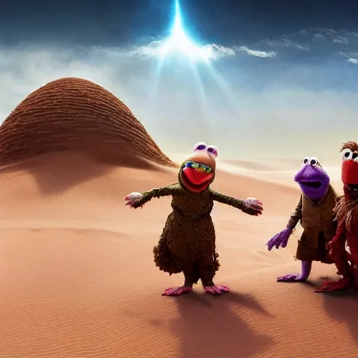 Image similar to The muppets in Dune (2021) dynamic action battle, highly textured, hyperrealism, god rays, award winning, gritty