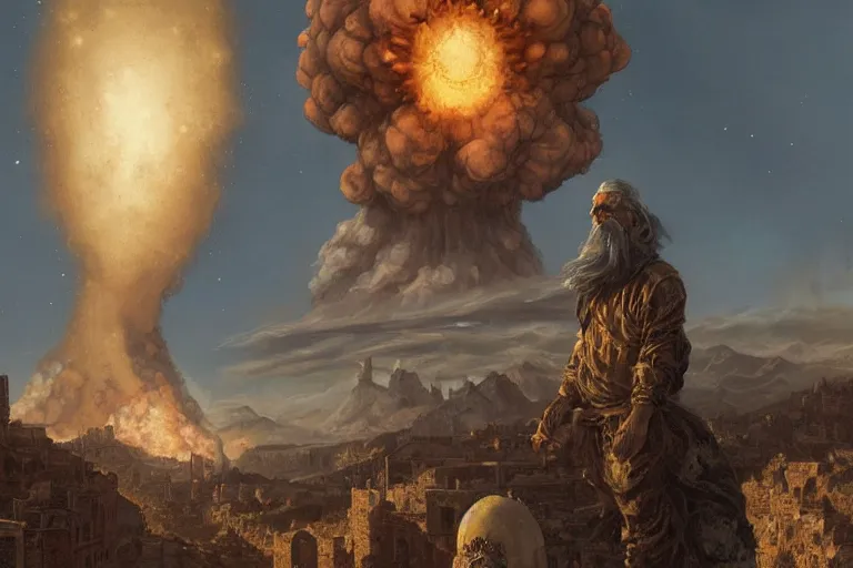 Prompt: a greek man on the ancient floerence alleyway overlooking at the grand epic destructive nuclear explosion at renaissance italy during daylight in the style vincent di fate, peter mohrbacher, yoann lossel, ethereal, golden hour, beautiful, nuclear mushroom smoke