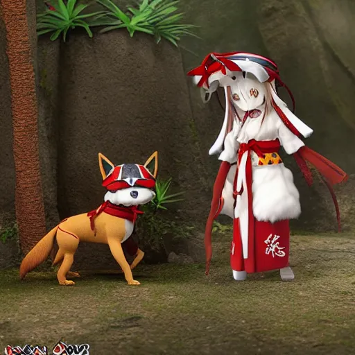 Prompt: cute fumo plush of the wolf priestess of the jungle temple, canine shrine maiden, vray