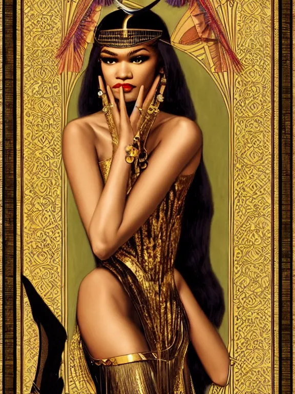 Image similar to Zendaya as Bast the Egyptian goddess, a beautiful art nouveau portrait by Gil elvgren, moonlit Nile river environment, centered composition, defined features, golden ratio, intricate gold jewlery featured in vogue, skincare, makeup