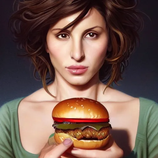 Prompt: portrait of Gina Gershon eating hamburgers, extra onions and ketchup, luscious patty with sesame seeds, feminine ethereal, handsome, D&D, fantasy, intricate, elegant, highly detailed, digital painting, artstation, concept art, matte, sharp focus, illustration, art by Artgerm and Greg Rutkowski and Alphonse Mucha