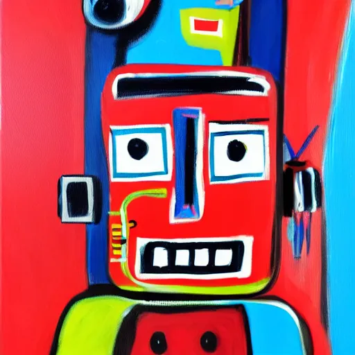 Image similar to painting of a Robot that has feelings in the style of Basquiat