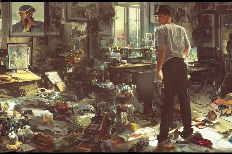 Image similar to a computer graphics artist man with a ballcap in a messy room at the computer animating, ultra realistic, concept art, intricate details, serious, highly detailed, photorealistic, octane render, 8 k, unreal engine. art by artgerm and greg rutk owski and alphonse mucha