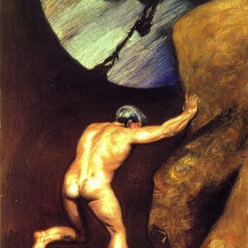 Image similar to a painting of benjamin netanyahu as sisyphus, by franz stuck