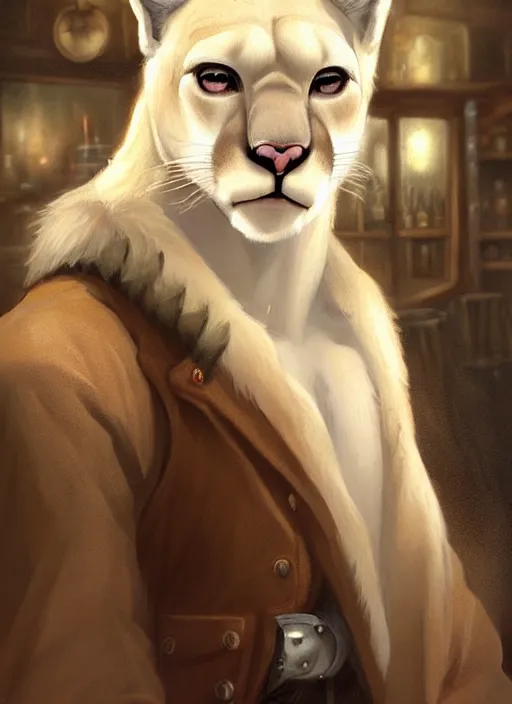 Prompt: beautiful portrait commission of a male furry anthro albino mountain lion with dark brown eyes wearing old-timey miner's clothes in an old saloon. Atmospheric. Character design by charlie bowater, ross tran, artgerm, and makoto shinkai, detailed, inked, western comic book art