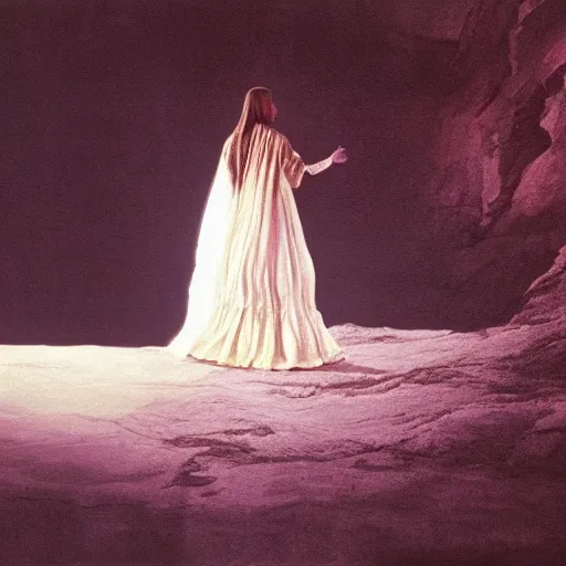 Prompt: 1 9 7 0's artistic spaghetti western movie, a woman in a giant billowy wide flowing waving dress made out of white smoke, standing inside a dark western rocky scenic landscape, volumetric lighting, backlit, moody, atmospheric