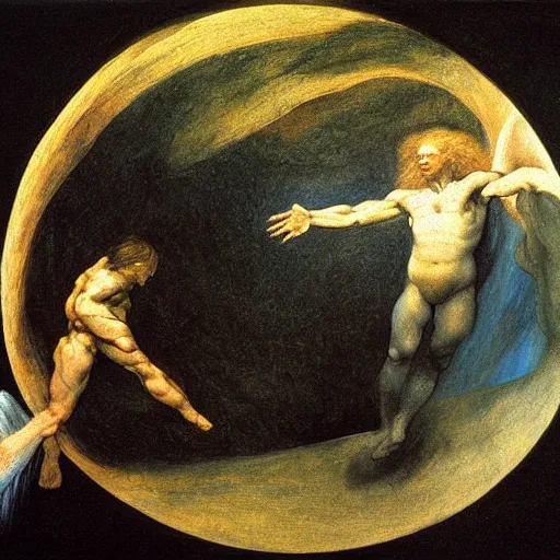 Image similar to the creation of the human race from the cosmos, detailed oil painting by goya and michelangelo and alan lee