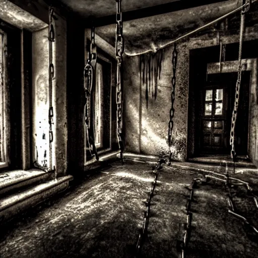 Prompt: haunted asylum with blood on the walls and chains hanging from the ceiling with a broken light bulb, right side of the wall is a broken window with light emitting through, realistic, hdr, clear image, hdd, dynamic lighting, rtx on,