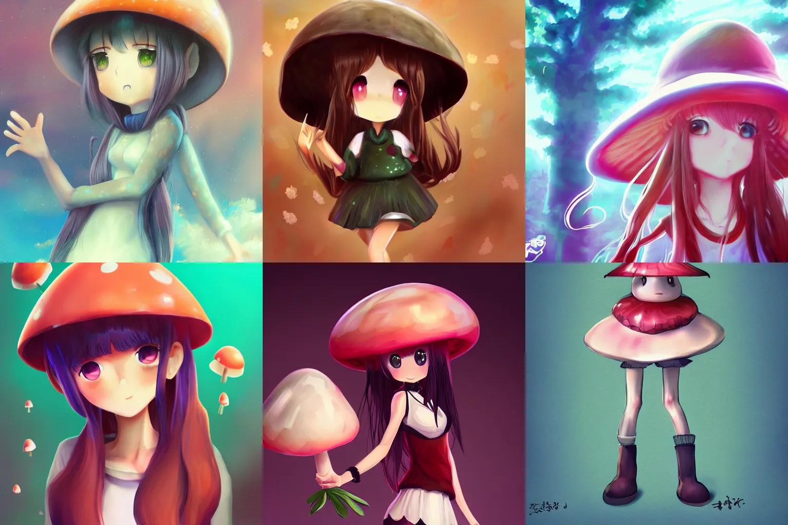 Prompt: mushroom anime girl, upscaled, artstation, sharp focus, digital art