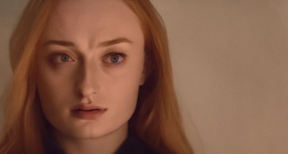 Image similar to Sophie Turner in Hereditary (2018) high contrast lighting, night scene, blue and orange palette, film still