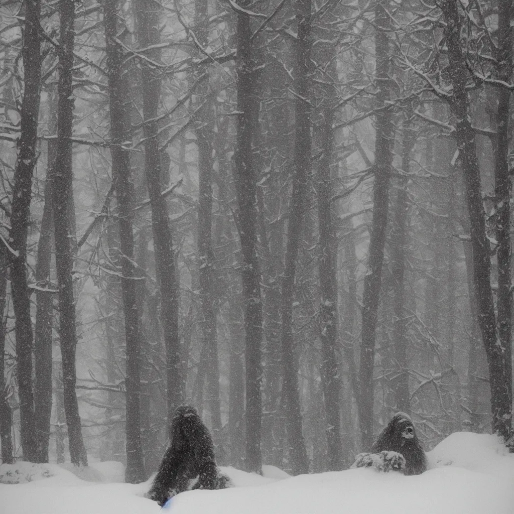 Image similar to photo, bigfoot is hiding in the background. cold color temperature, snow storm. hazy atmosphere. humidity haze. kodak ektachrome, greenish expired film, award winning, low contrast