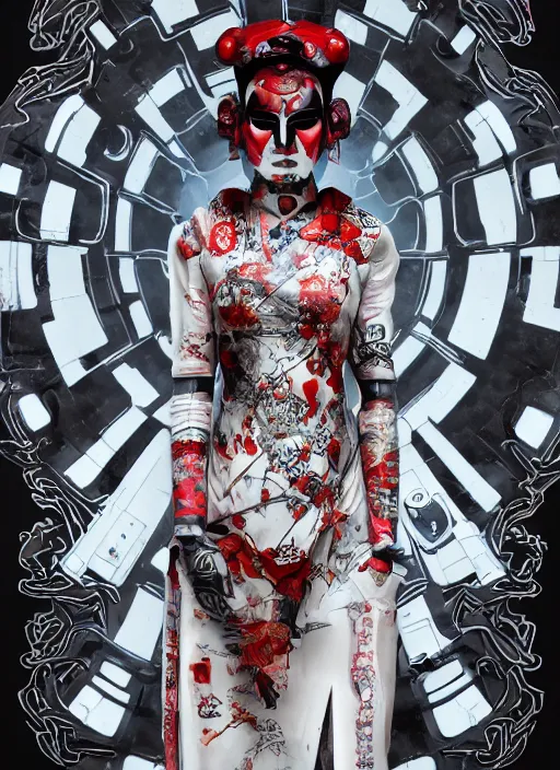 Image similar to portrait of a sensual cyberpunk geisha storm trooper, imari, modern fine art, fractal, in the style of ghosts in the shell, intricate ornaments, elegant, highly detailed, digital photography, subsurface scattering, by mc escher and greg rutkowski,